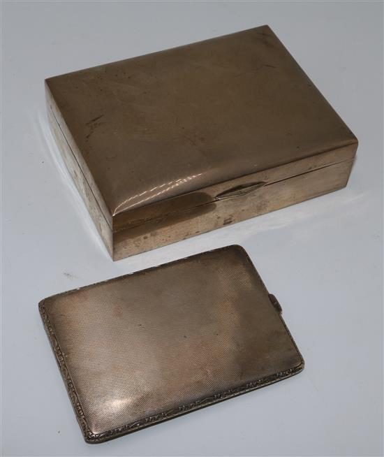 Silver cigarette box with lacquered interior and a silver cigarette case